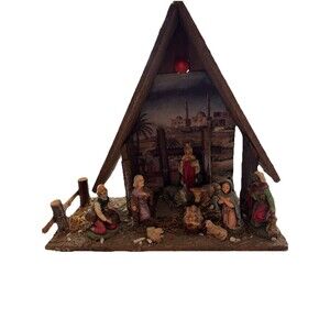 Vintage Italian Nativity Scene,10 Pieces Light-up Wood Stable Picture Background